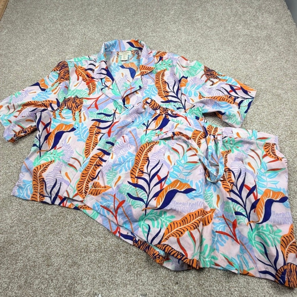 Cynthia Rowley Women Large Tropical Tiger Print Pajama Set Pink Blue Sleepwear
